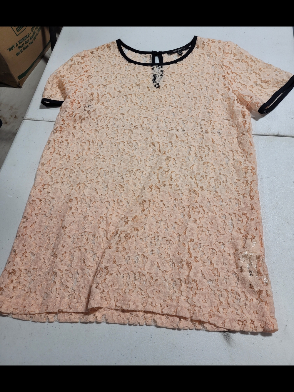 Lace Overlay Peach Blouse with Black Trim